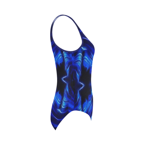 Darkblue-lightblue Lines in move Vest One Piece Swimsuit (Model S04)