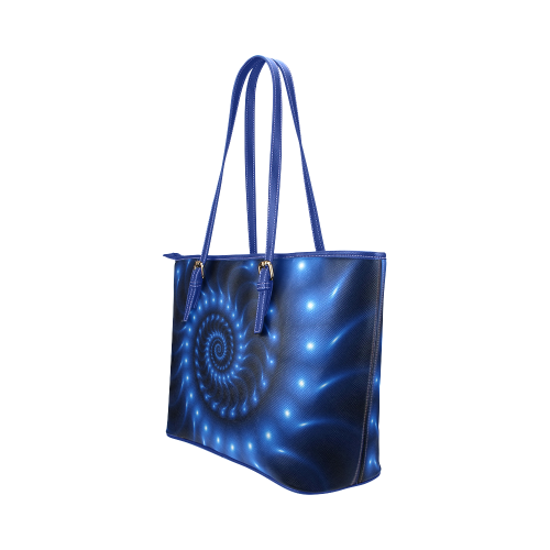 Glossy Blue Fractal Spiral Leather Tote Bag/Small (Model 1651)