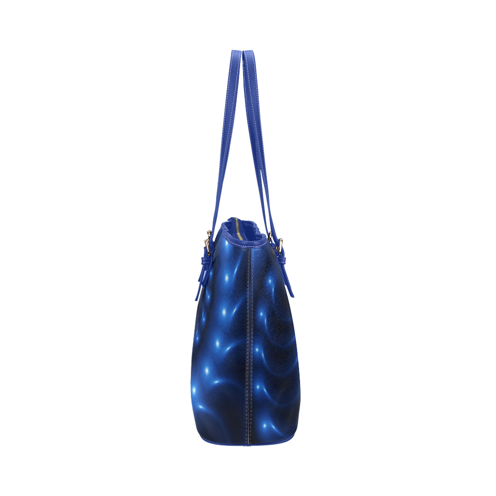 Glossy Blue Fractal Spiral Leather Tote Bag/Small (Model 1651)