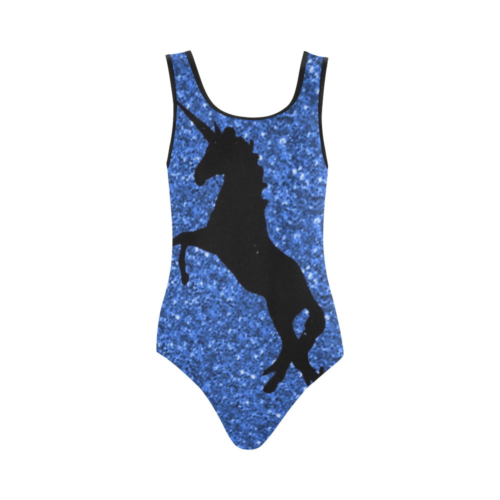 unicorn on blue glitter Vest One Piece Swimsuit (Model S04)