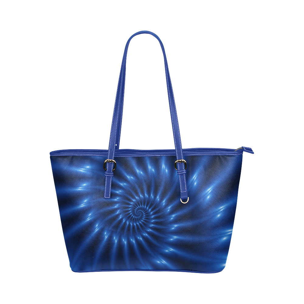 Glossy Blue Spiral Fractal Leather Tote Bag/Large (Model 1651)