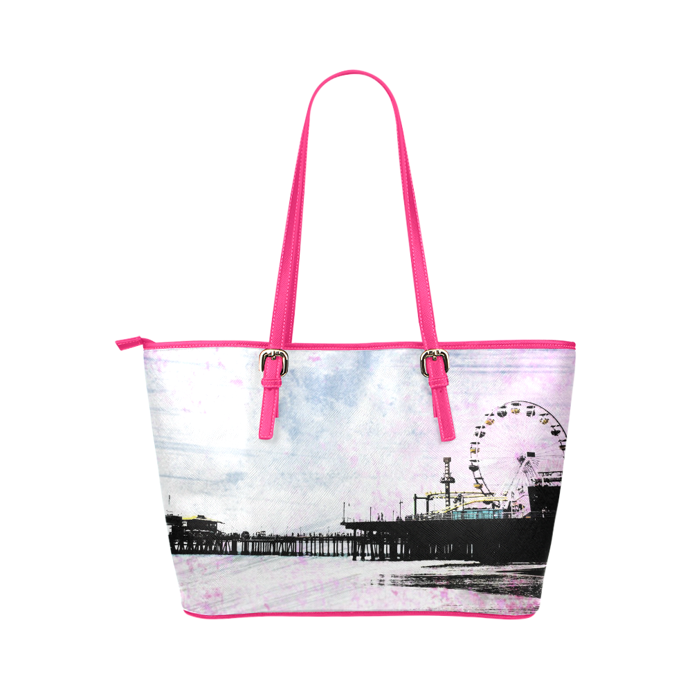 Pink Grunge Santa Monica Pier Leather Tote Bag/Small (Model 1651)