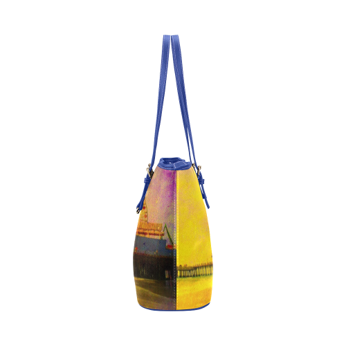 Yellow and Purple Santa Monia Pier Leather Tote Bag/Small (Model 1651)