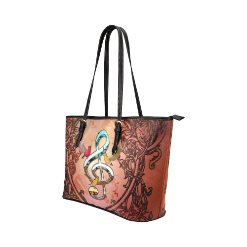 Clef with birds Leather Tote Bag/Large (Model 1651)