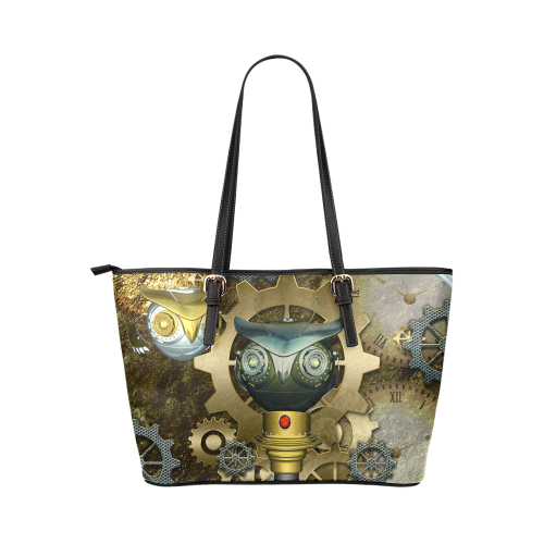 Steampunk, cute owl Leather Tote Bag/Large (Model 1651)