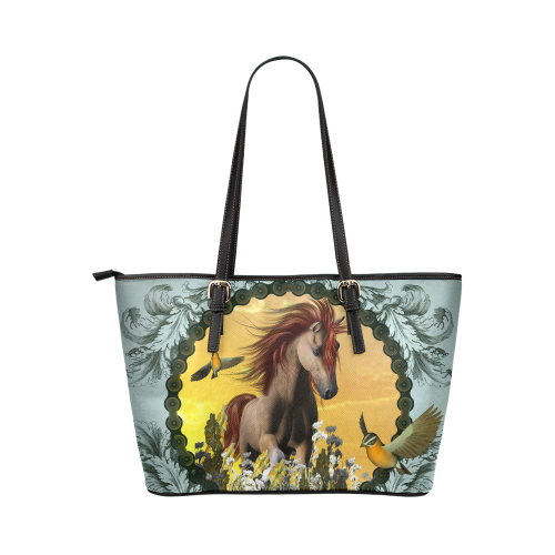 Horse with birds Leather Tote Bag/Large (Model 1651)