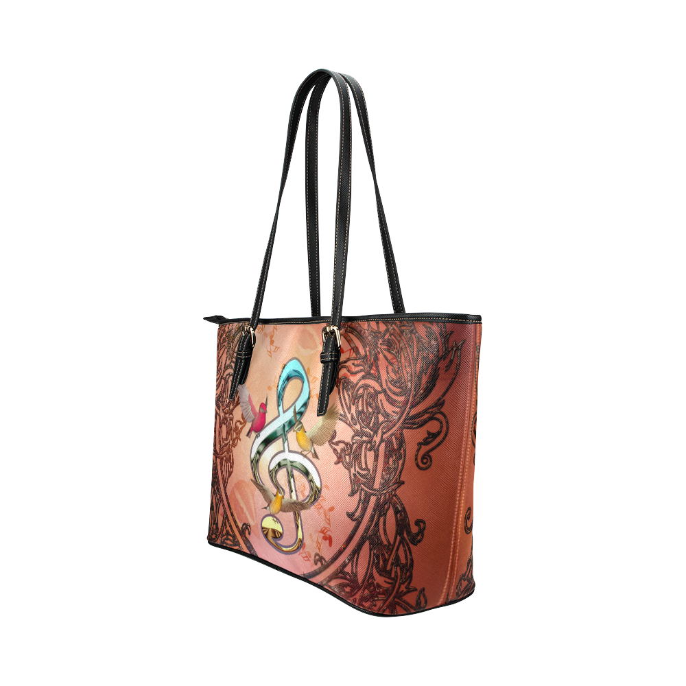 Clef with birds Leather Tote Bag/Large (Model 1651)