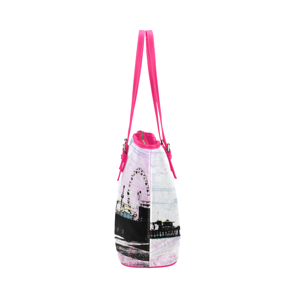 Pink Grunge Santa Monica Pier Leather Tote Bag/Small (Model 1651)