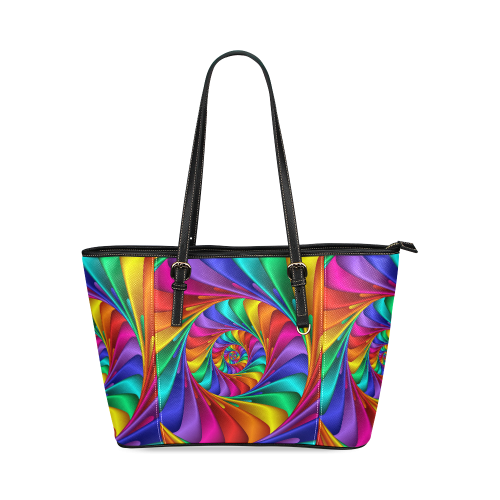 Psychedelic Rainbow Spiral Leather Tote Bag/Large (Model 1640)