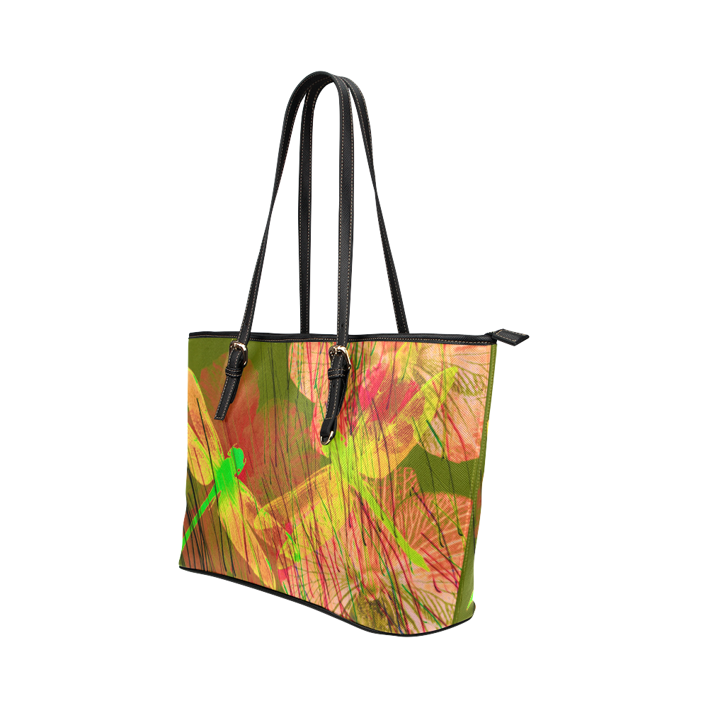 Dragonflies & Flowers Summer Q Leather Tote Bag/Large (Model 1651)