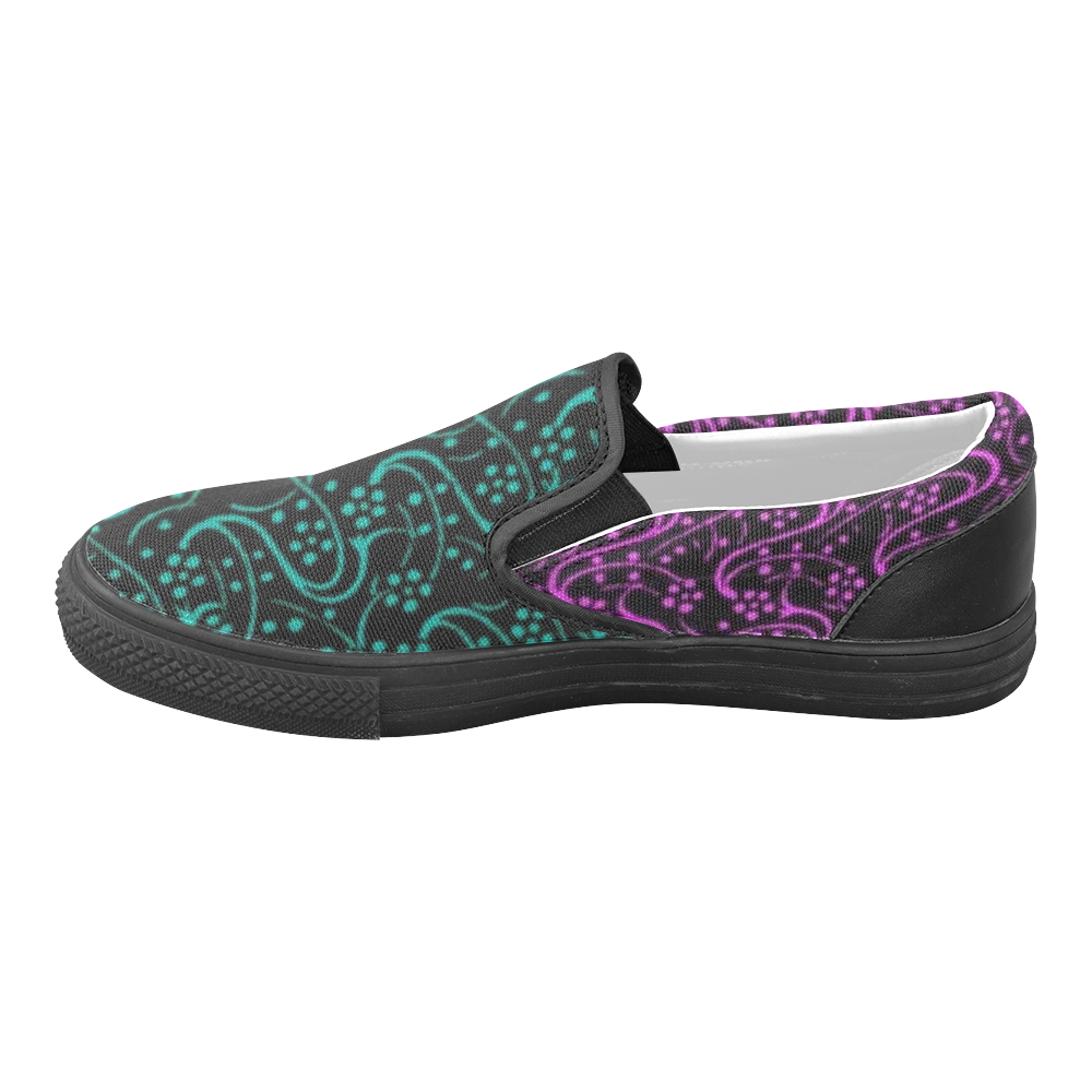Vintage Floral Purple and Teal Black Women's Unusual Slip-on Canvas Shoes (Model 019)