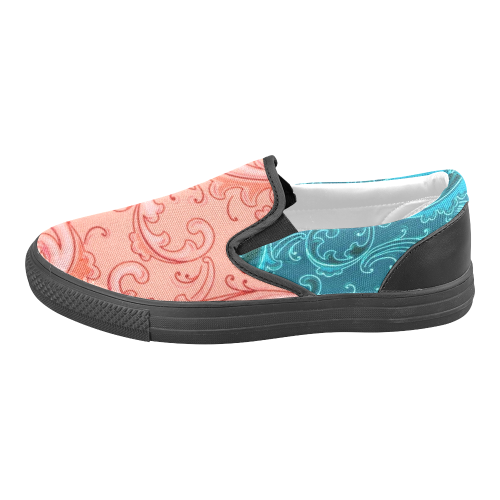 Vintage Swirls Curlicue Teal and Peach Women's Unusual Slip-on Canvas Shoes (Model 019)