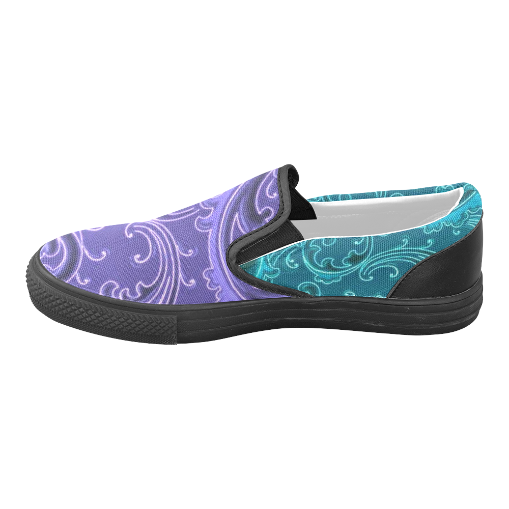 Vintage Swirls Curlicue Lavender Purple and Teal Women's Unusual Slip-on Canvas Shoes (Model 019)