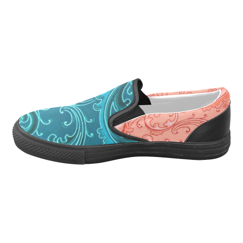 Vintage Swirls Curlicue Teal and Peach Women's Unusual Slip-on Canvas Shoes (Model 019)