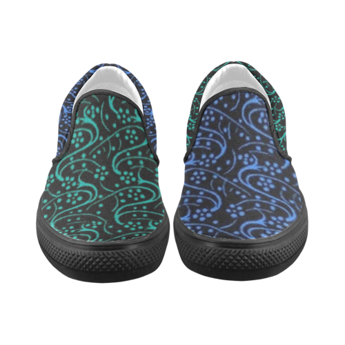 Vintage Swirl Floral Blue and Turquoise Black Women's Unusual Slip-on Canvas Shoes (Model 019)