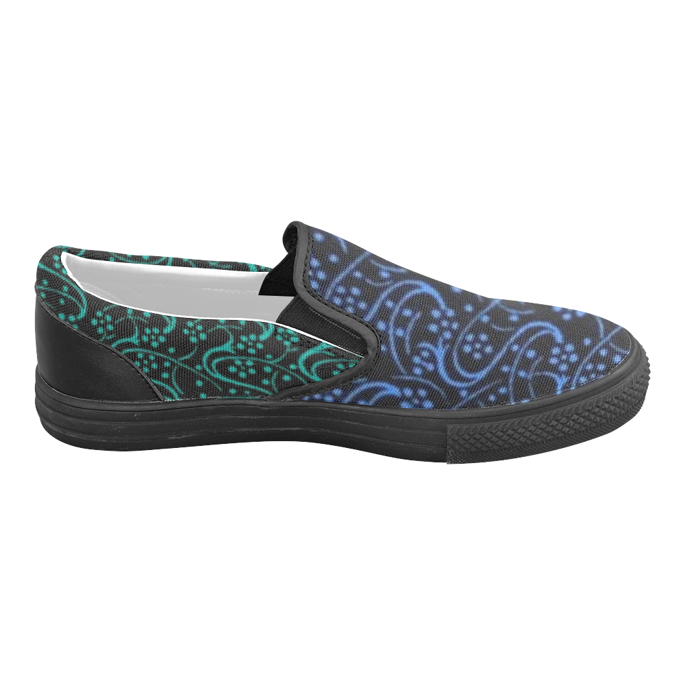 Vintage Swirl Floral Blue and Turquoise Black Women's Unusual Slip-on Canvas Shoes (Model 019)