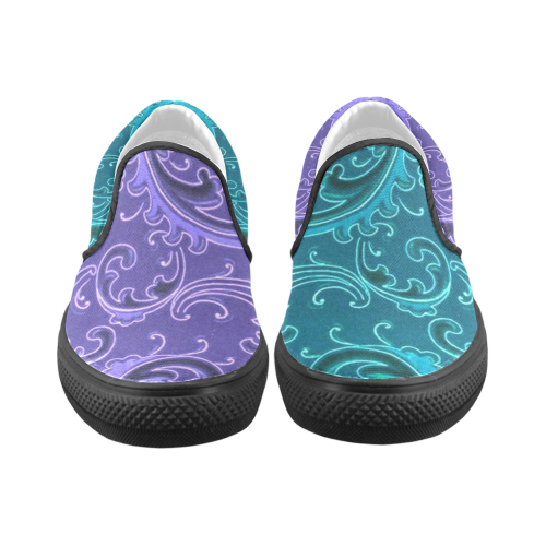 Vintage Swirls Curlicue Lavender Purple and Teal Women's Unusual Slip-on Canvas Shoes (Model 019)