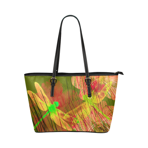Dragonflies & Flowers Summer Q Leather Tote Bag/Large (Model 1651)