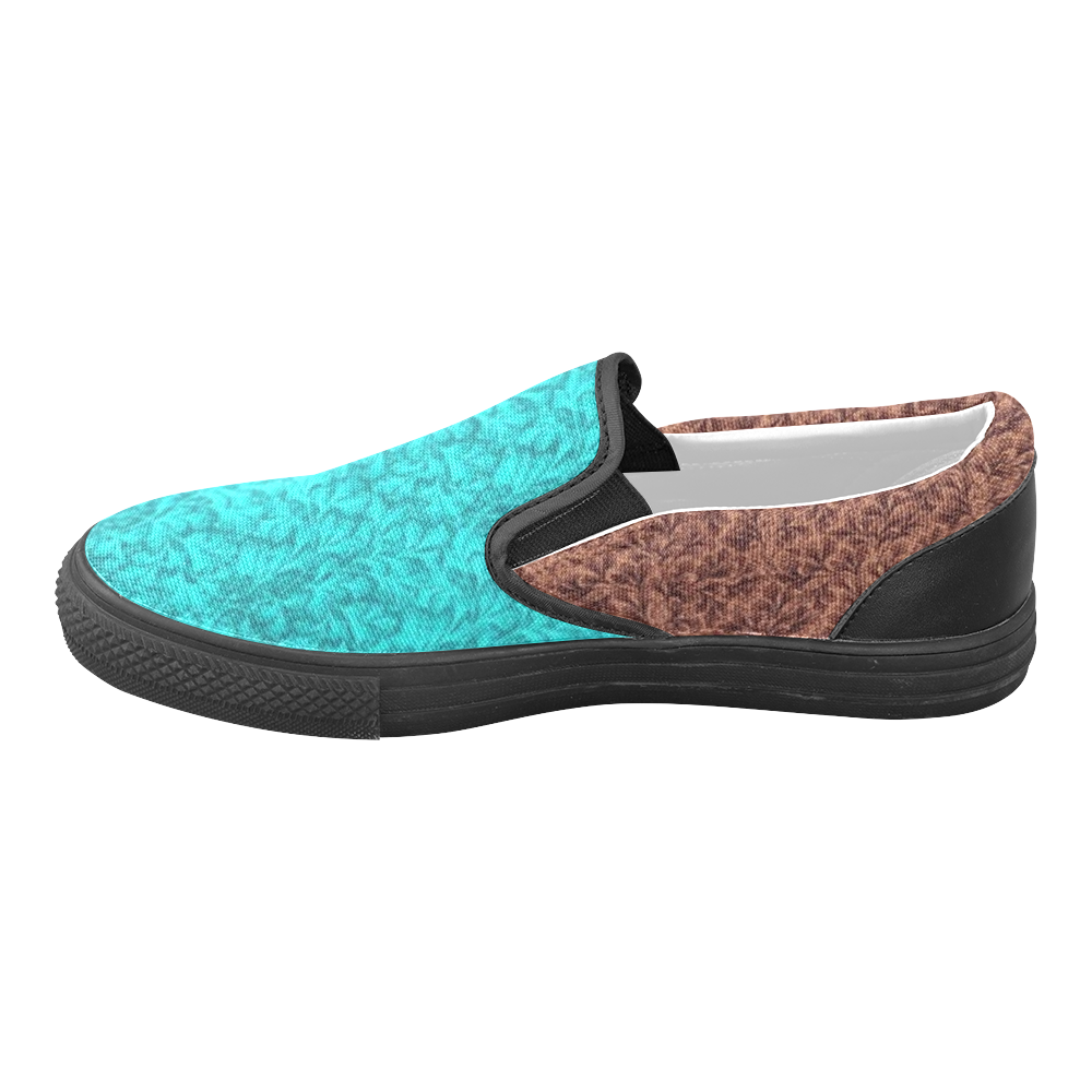 Vintage Floral Lace Leaf Teal and Brown Women's Unusual Slip-on Canvas Shoes (Model 019)