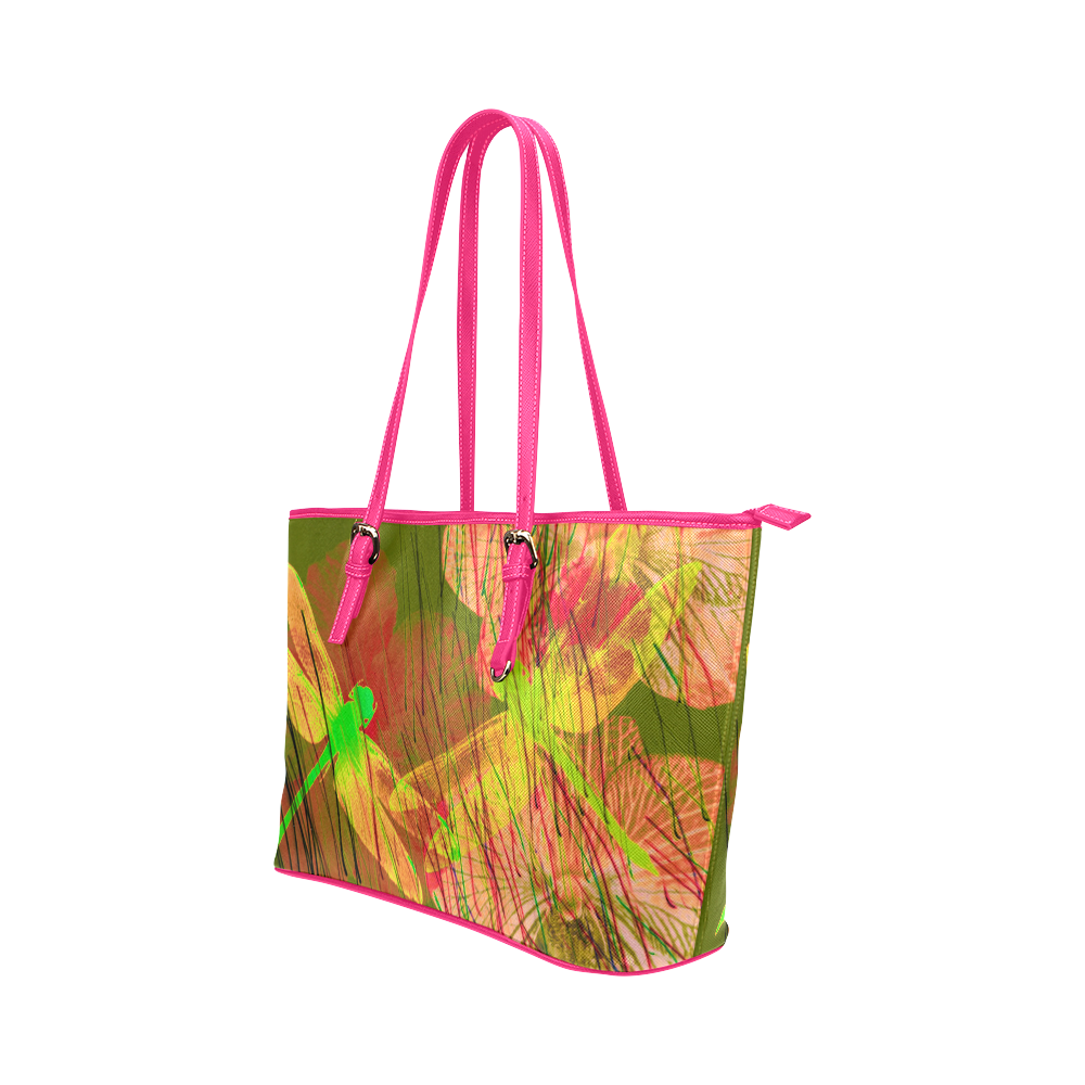 Dragonflies & Flowers Summer Q Leather Tote Bag/Small (Model 1651)