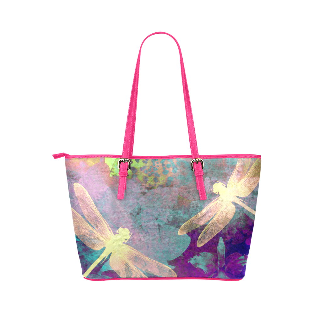 Dragonflies and Orchids Leather Tote Bag/Large (Model 1651)