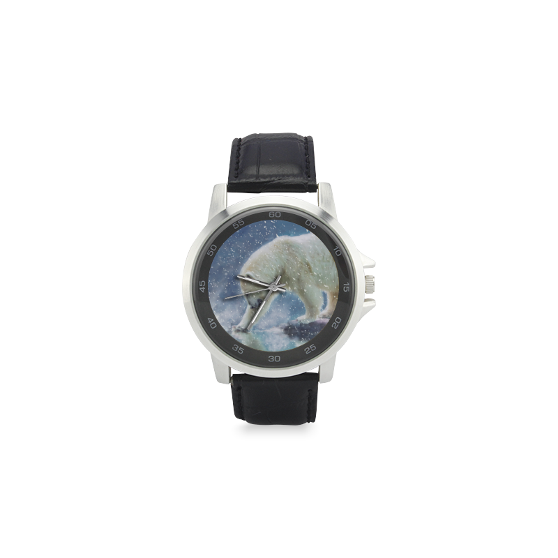 A polar bear at the water Unisex Stainless Steel Leather Strap Watch(Model 202)