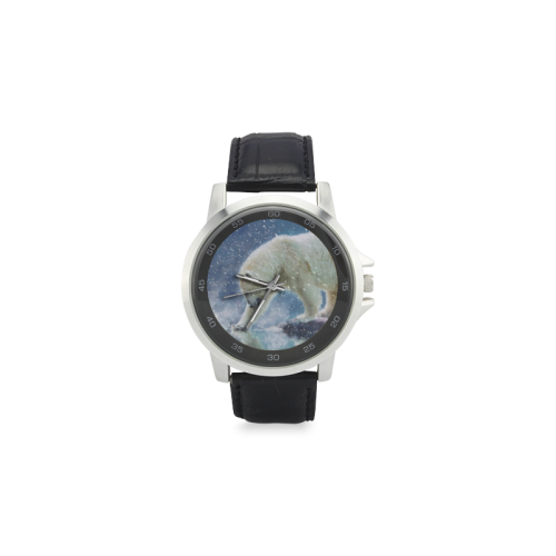 A polar bear at the water Unisex Stainless Steel Leather Strap Watch(Model 202)