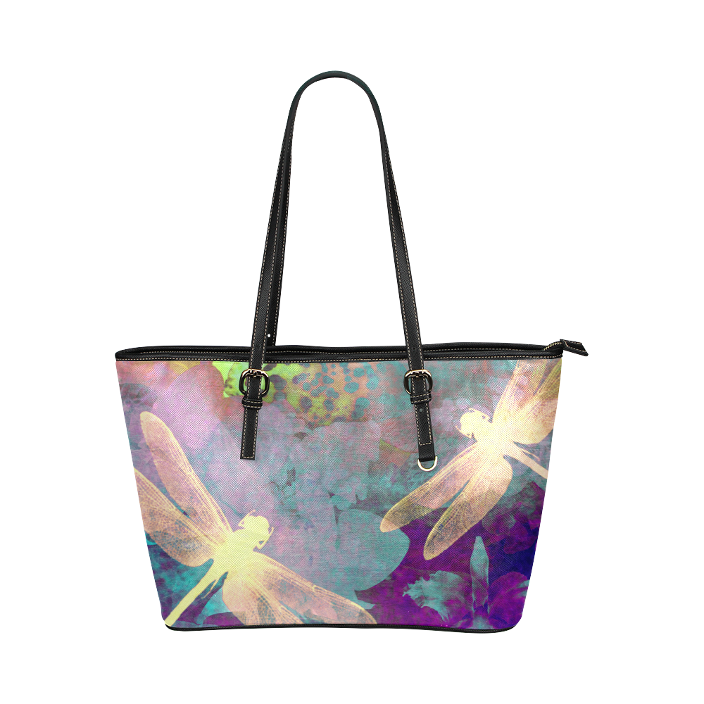 Dragonflies and Orchids Leather Tote Bag/Large (Model 1651)