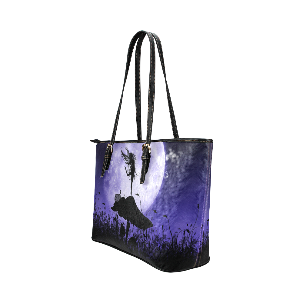 A beautiful fairy dancing on a mushroom silhouette Leather Tote Bag/Small (Model 1651)