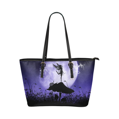 A beautiful fairy dancing on a mushroom silhouette Leather Tote Bag/Large (Model 1651)