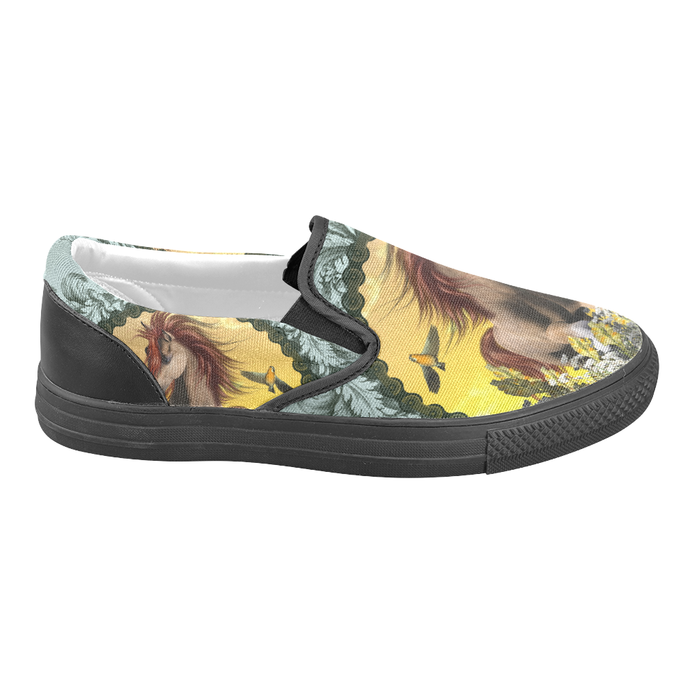 Horse with birds Women's Unusual Slip-on Canvas Shoes (Model 019)