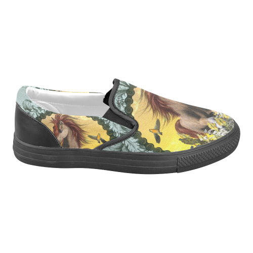 Horse with birds Women's Unusual Slip-on Canvas Shoes (Model 019)