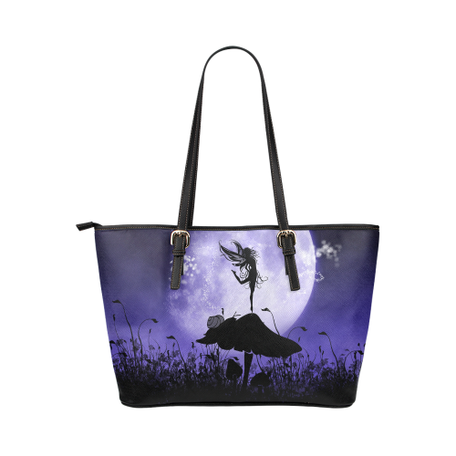 A beautiful fairy dancing on a mushroom silhouette Leather Tote Bag/Large (Model 1651)
