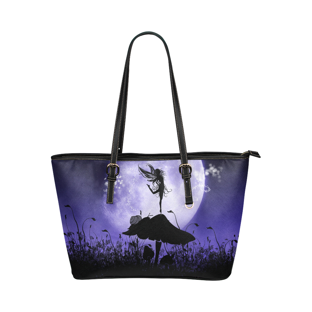 A beautiful fairy dancing on a mushroom silhouette Leather Tote Bag/Small (Model 1651)