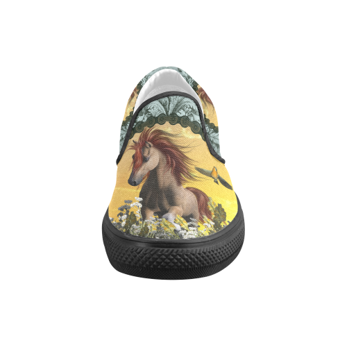 Horse with birds Women's Unusual Slip-on Canvas Shoes (Model 019)