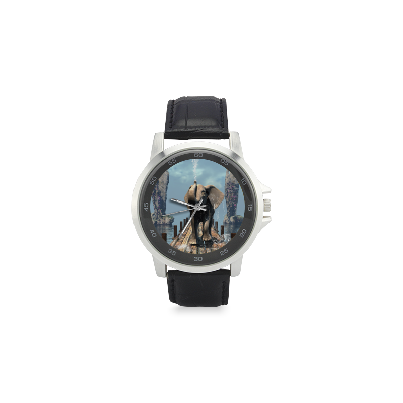 Elephant on a jetty Unisex Stainless Steel Leather Strap Watch(Model 202)