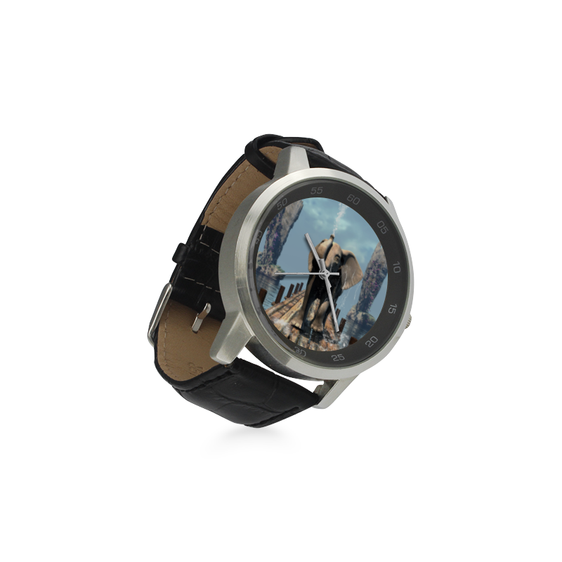 Elephant on a jetty Unisex Stainless Steel Leather Strap Watch(Model 202)