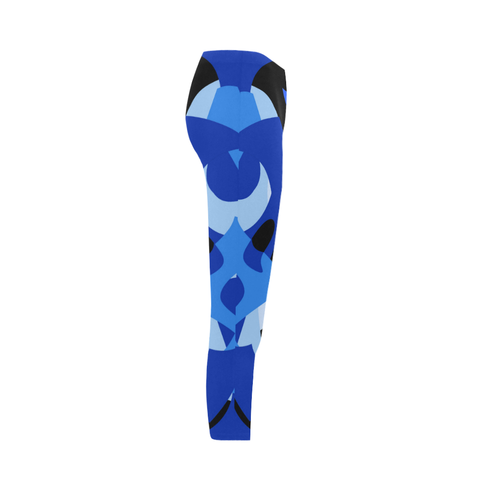 A201 Abstract Shades of Blue and Black Capri Legging (Model L02)