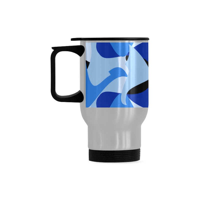 A201 Abstract Shades of Blue and Black Travel Mug (Silver) (14 Oz)