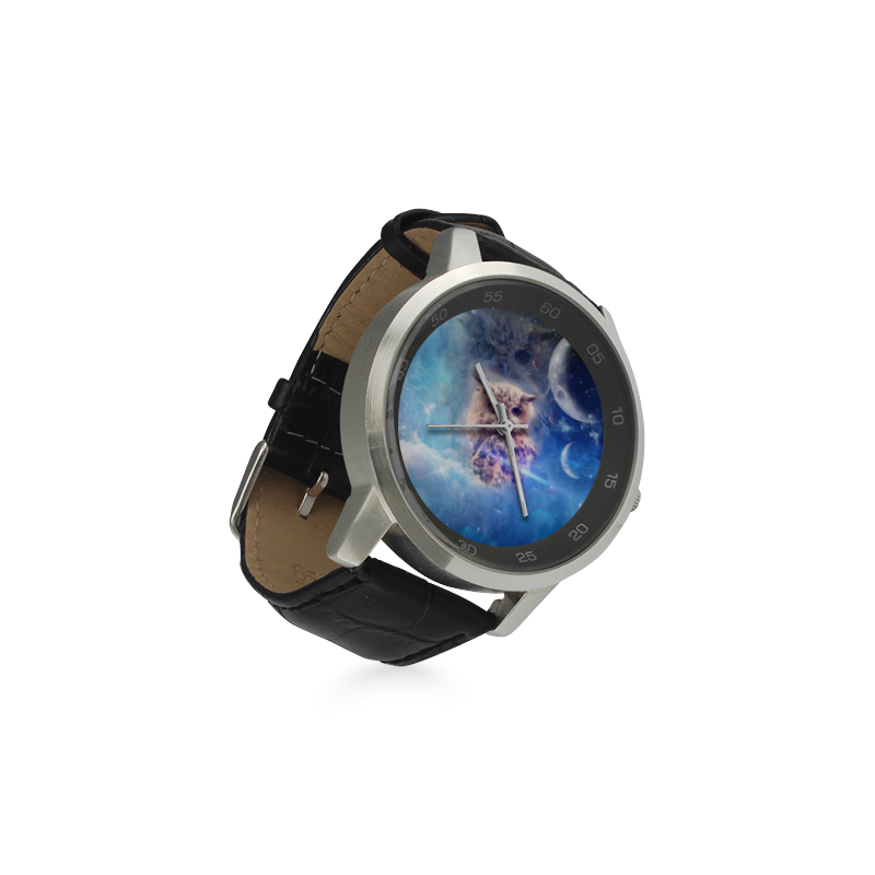 Owl in the universe Unisex Stainless Steel Leather Strap Watch(Model 202)
