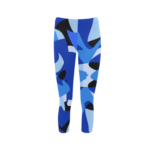 A201 Abstract Shades of Blue and Black Capri Legging (Model L02)