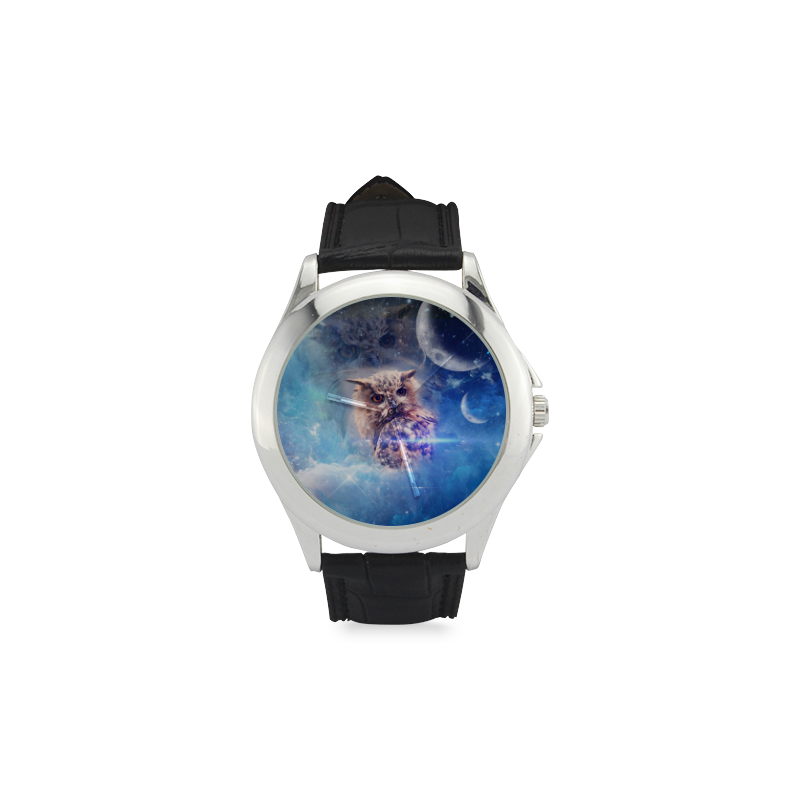 Owl in the universe Women's Classic Leather Strap Watch(Model 203)
