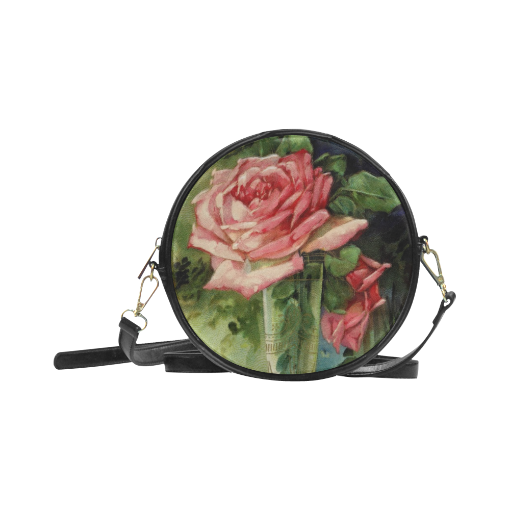 Vintage Vase and Pink Roses Round Sling Bag (Model 1647)