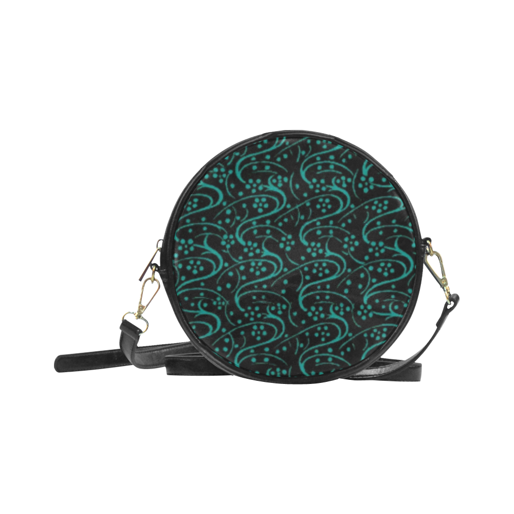 Vintage Swirl Floral Teal Turquoise Black Round Sling Bag (Model 1647)
