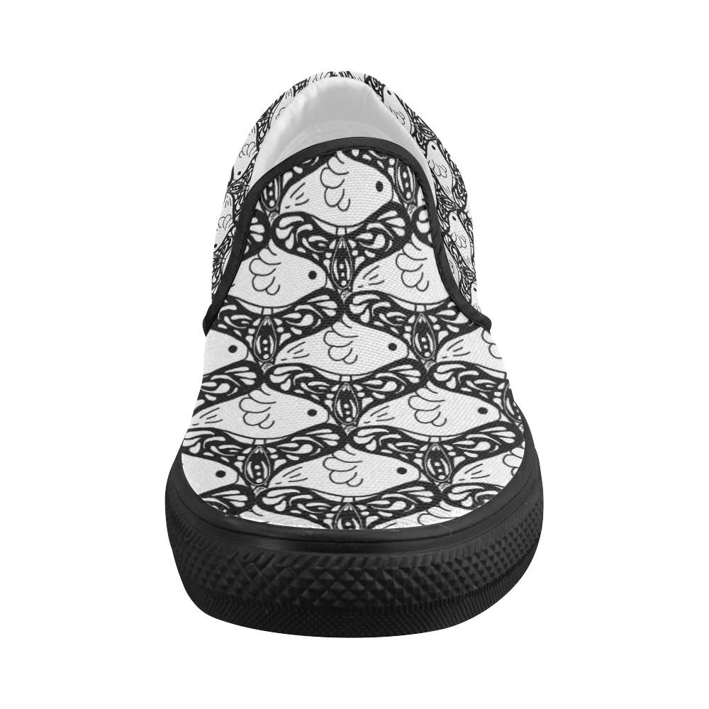 Bird Butterfly Tessellation in Black and White Women's Slip-on Canvas Shoes (Model 019)