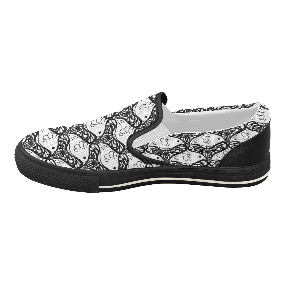 Bird Butterfly Tessellation in Black and White Women's Slip-on Canvas ...