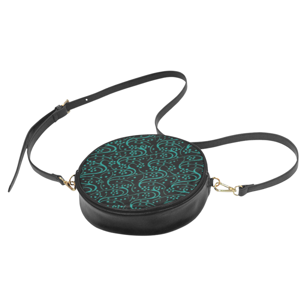 Vintage Swirl Floral Teal Turquoise Black Round Sling Bag (Model 1647)
