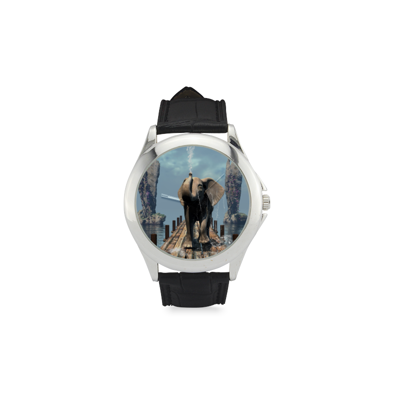 Elephant on a jetty Women's Classic Leather Strap Watch(Model 203)
