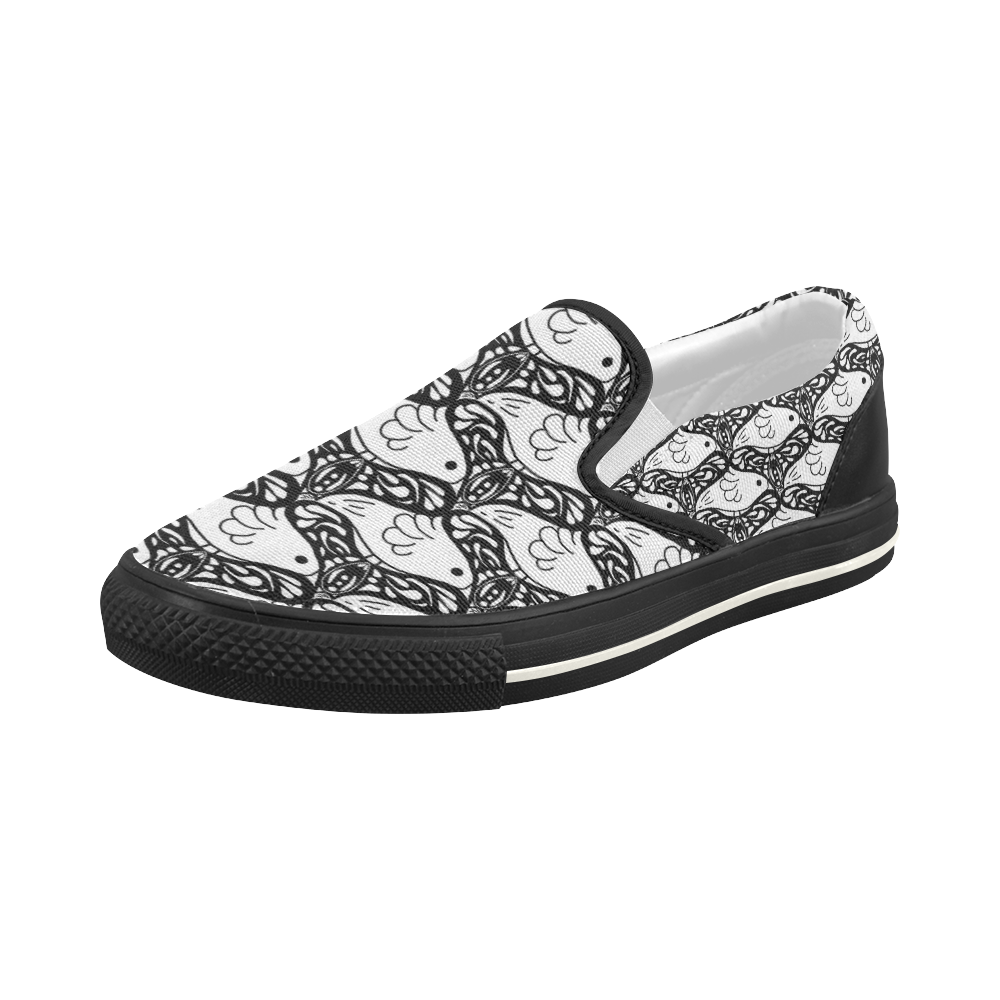 Bird Butterfly Tessellation in Black and White Women's Slip-on Canvas Shoes (Model 019)