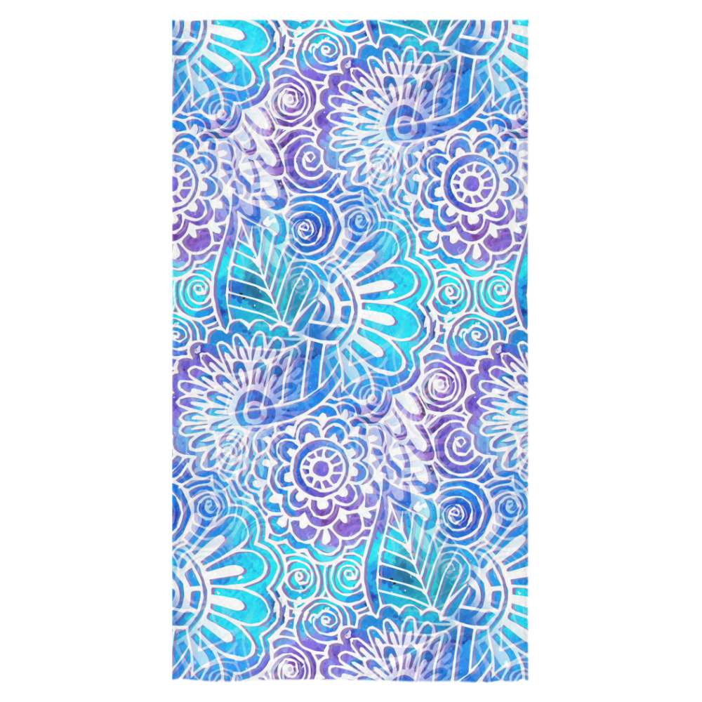 Boho Flower Doodle On Blue Watercolor Bath Towel 30"x56"
